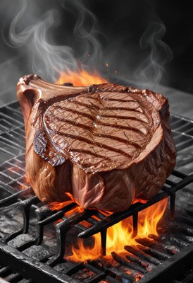 A thick steak is grilling over flames