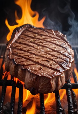 A juicy steak cooks over an open flame