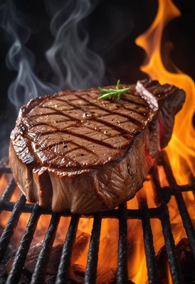 A juicy steak grilling over hot coals