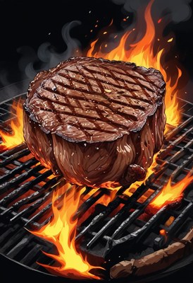 A juicy steak cooks over a hot grill