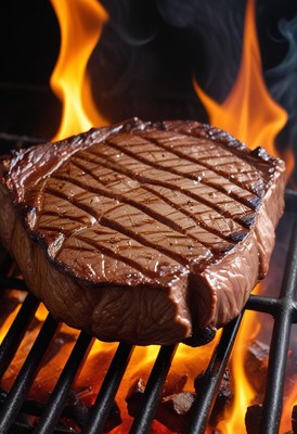 A juicy steak cooks over an open fire