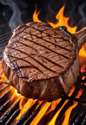 A juicy steak sears over an open flame