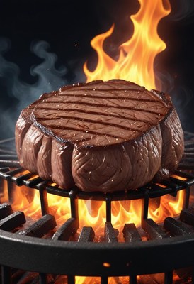 A thick steak is grilling over an open fire
