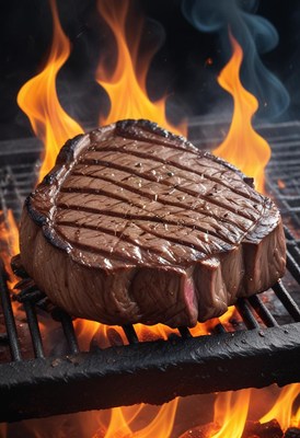 A juicy steak on a grill with flames beneath