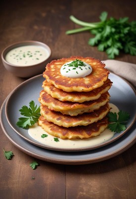 A stack of potato pancakes with a creamy sauce