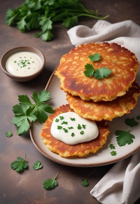 Crispy potato pancakes topped with sour cream and parsley