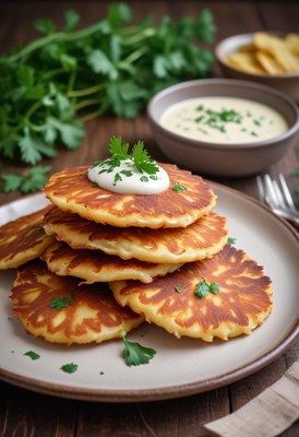 Crispy potato pancakes topped with sour cream and parsley
