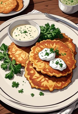 Crispy potato pancakes with sour cream and parsley