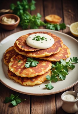 Crispy potato pancakes with sour cream and parsley