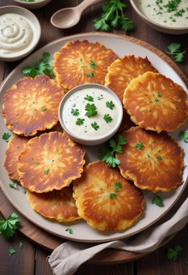 Crispy fried squash fritters with creamy herb sauce
