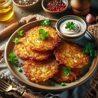 Crispy potato pancakes with a side of creamy sauce