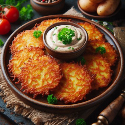 Crispy potato pancakes with a creamy sauce
