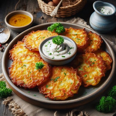 Crispy potato pancakes with sour cream and parsley