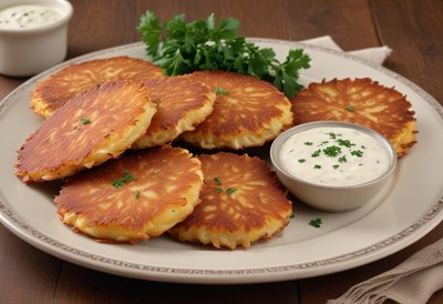 Crispy potato pancakes with a side of creamy sauce