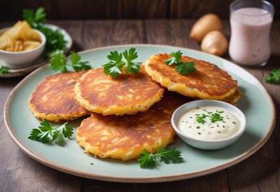 Crispy potato pancakes on a plate with sour cream
