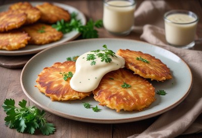 Crispy potato pancakes with creamy sauce