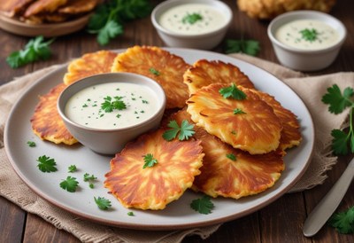 Crispy potato pancakes with creamy sauce