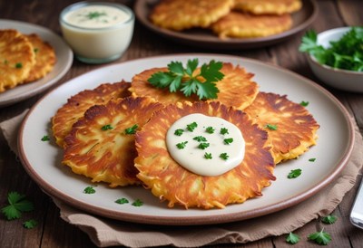 Crispy potato pancakes with creamy sauce