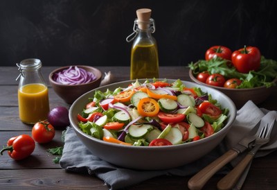 A fresh salad with cucumbers, tomatoes, and onions