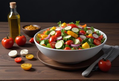 Fresh salad with cucumbers, tomatoes, and onions