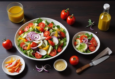 A large bowl of salad is prepared on a dark wooden table