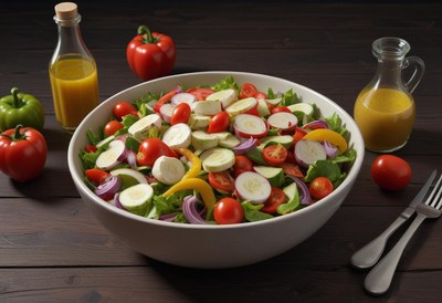 A fresh salad with cucumbers, tomatoes, and onions