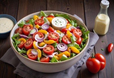 A bowl of salad with tomatoes, peppers, and onions