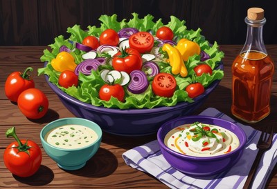 A bowl of salad with lettuce, tomatoes, onions, and peppers