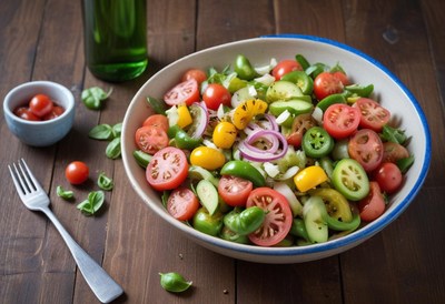 A fresh salad with tomatoes, cucumbers, and onions