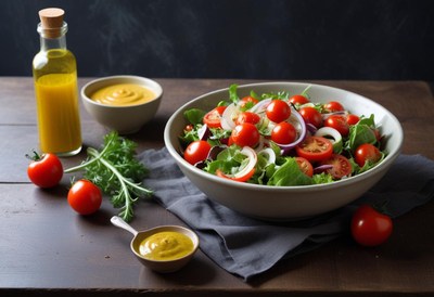 Fresh salad with cherry tomatoes, red onion, and mustard