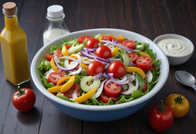 A fresh salad with tomatoes, cucumbers, onions, and peppers
