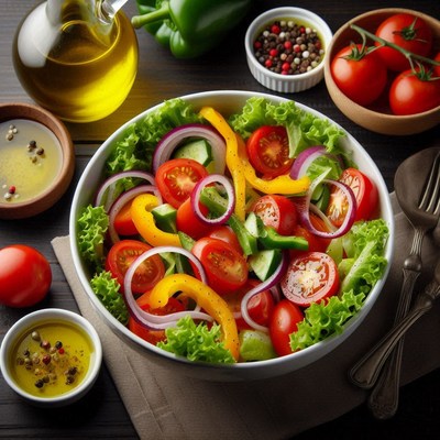 A fresh salad with tomatoes, cucumbers, peppers, and onions