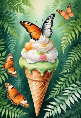 Butterflies dance around a green ice cream cone