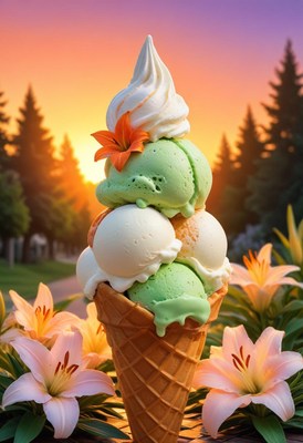A tall ice cream cone sits in a summer park at sunset