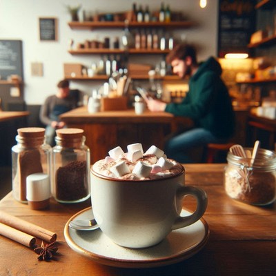 A cup of cocoa with marshmallows on a table