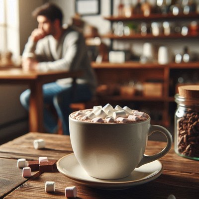 Hot chocolate with marshmallows on a cafÃ© table
