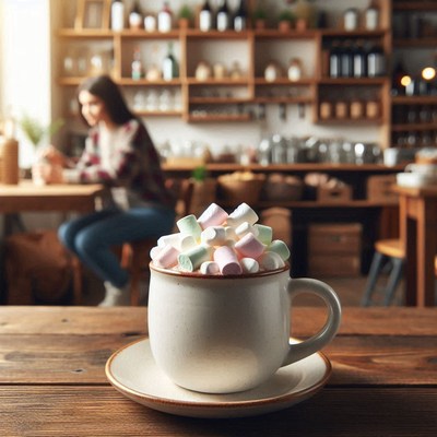 Hot chocolate with marshmallows on a cafe table