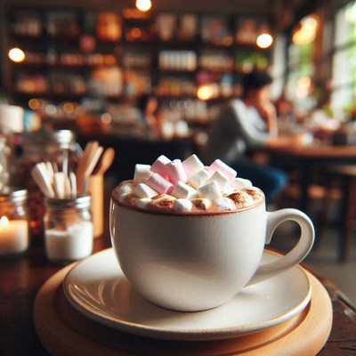 A cup of hot cocoa with marshmallows in a cafe