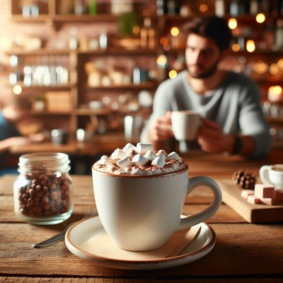Hot cocoa with marshmallows on a cafe table