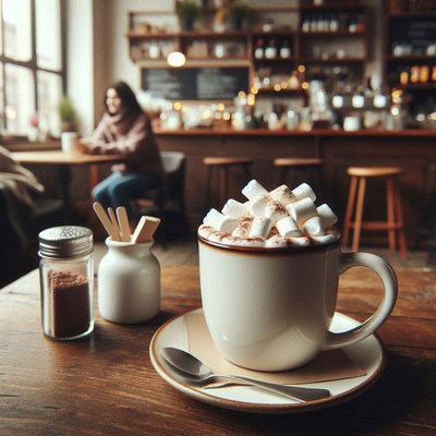 Hot cocoa with marshmallows on a cafe table