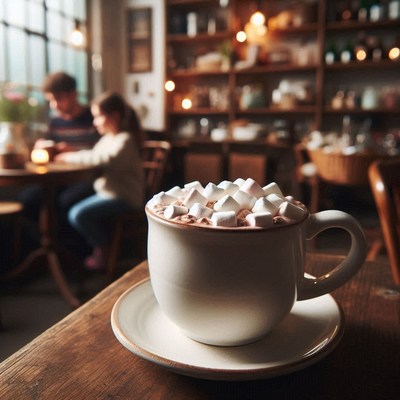 A cup of hot chocolate with marshmallows in a cozy cafe