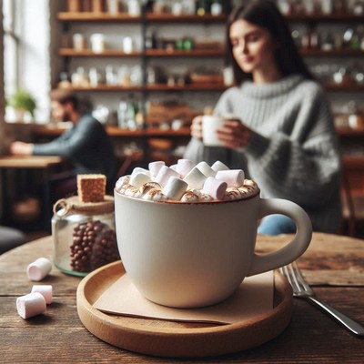 Hot chocolate with marshmallows on a wooden table