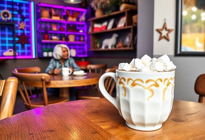 Hot chocolate with marshmallows on a table at a cafe