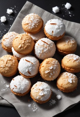 A close-up of coconut macaroons on a gray napkin