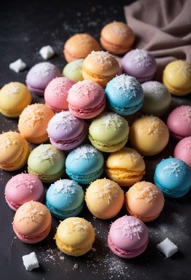 A pile of colorful macarons on a black surface