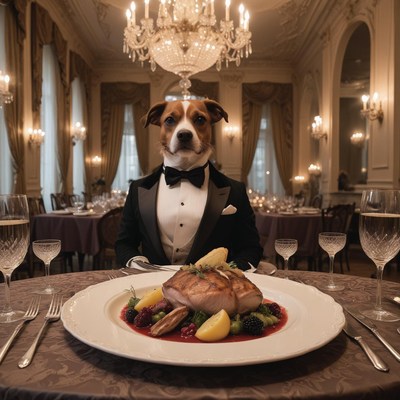 A dog in a tuxedo enjoys a fancy dinner
