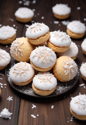 White chocolate cookies with coconut on a dark table