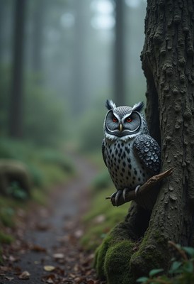 An owl perches on a tree branch in a foggy forest