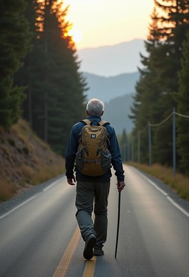 A man walks down a road in the mountains