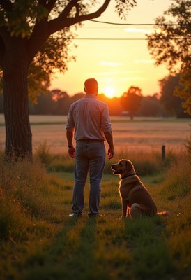 A man and his dog watch the sunset in a field
